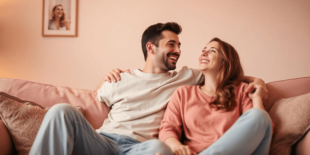 A couple sitting close together on a sofa, laughing