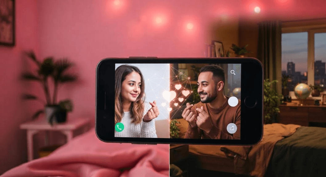 A phone propped up on a bed showing a video call with a partner