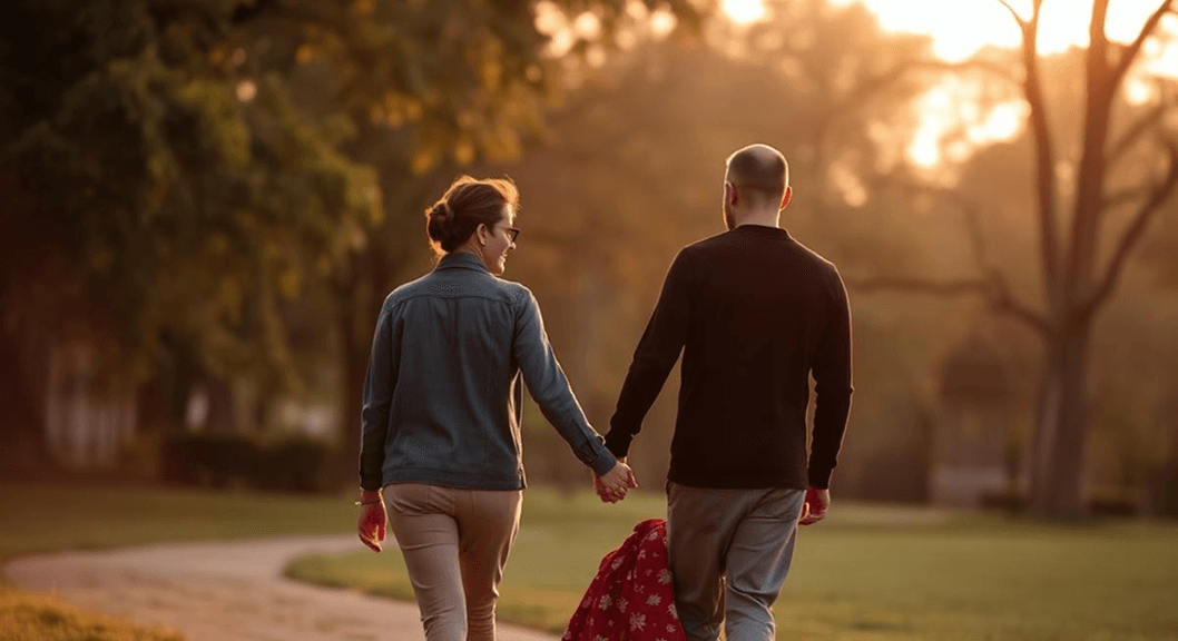 A couple walking hand in hand along a path at sunset