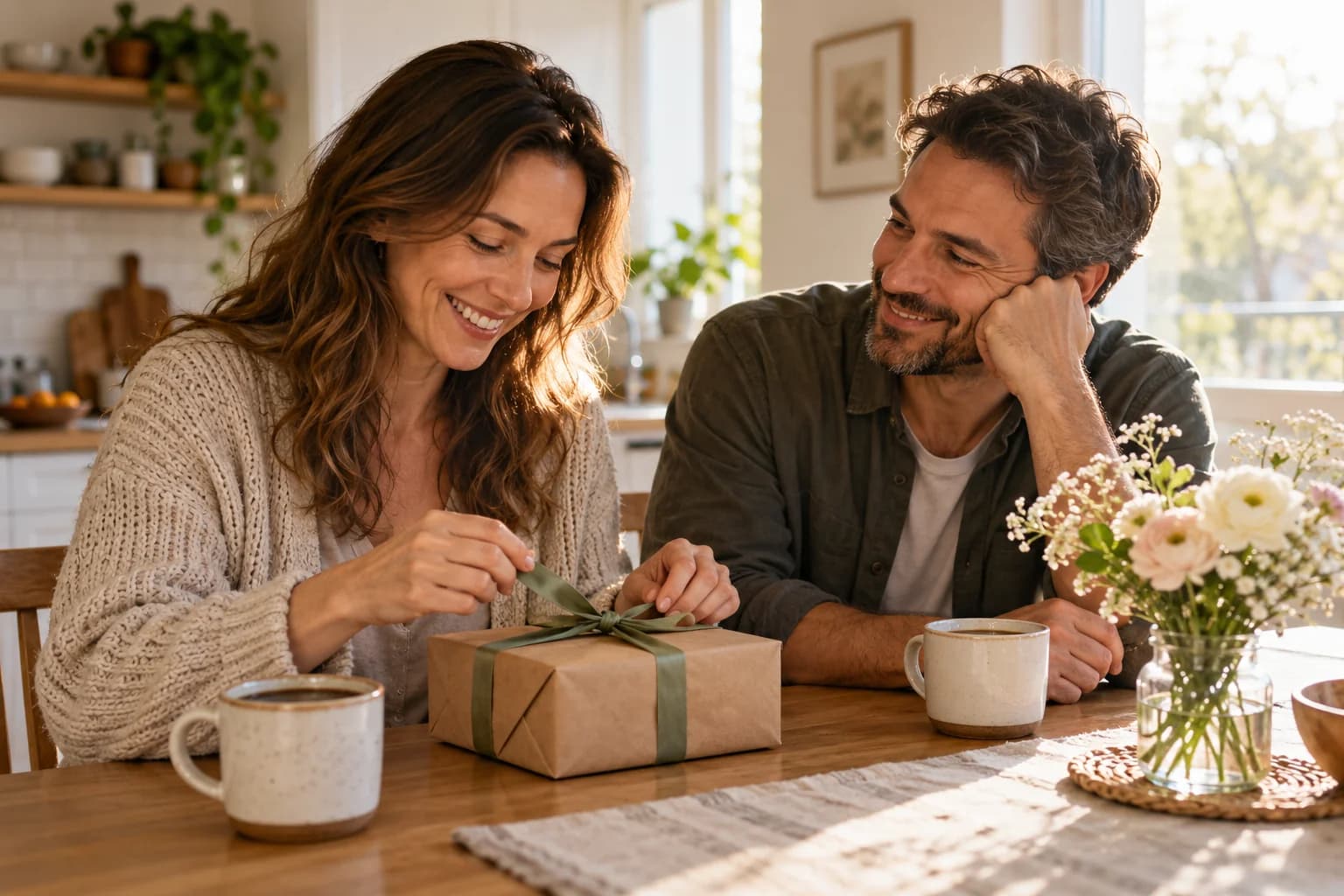 Partner opening an anniversary gift at home.