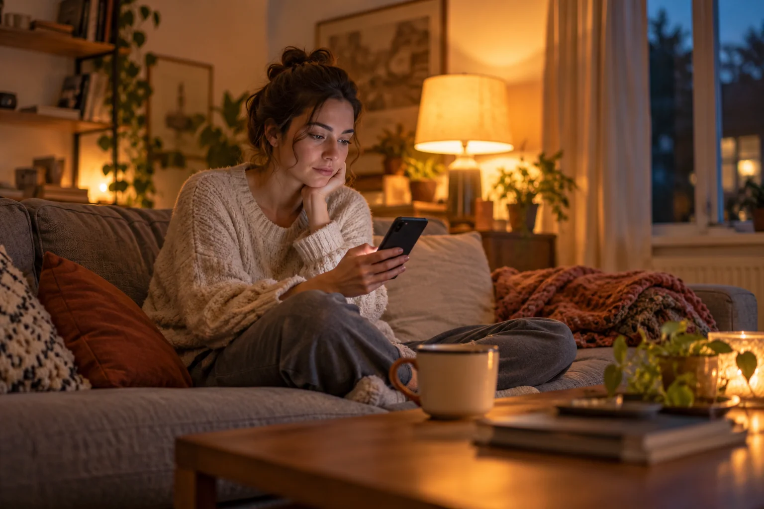Person sitting on a couch looking thoughtfully at a phone in warm evening light.