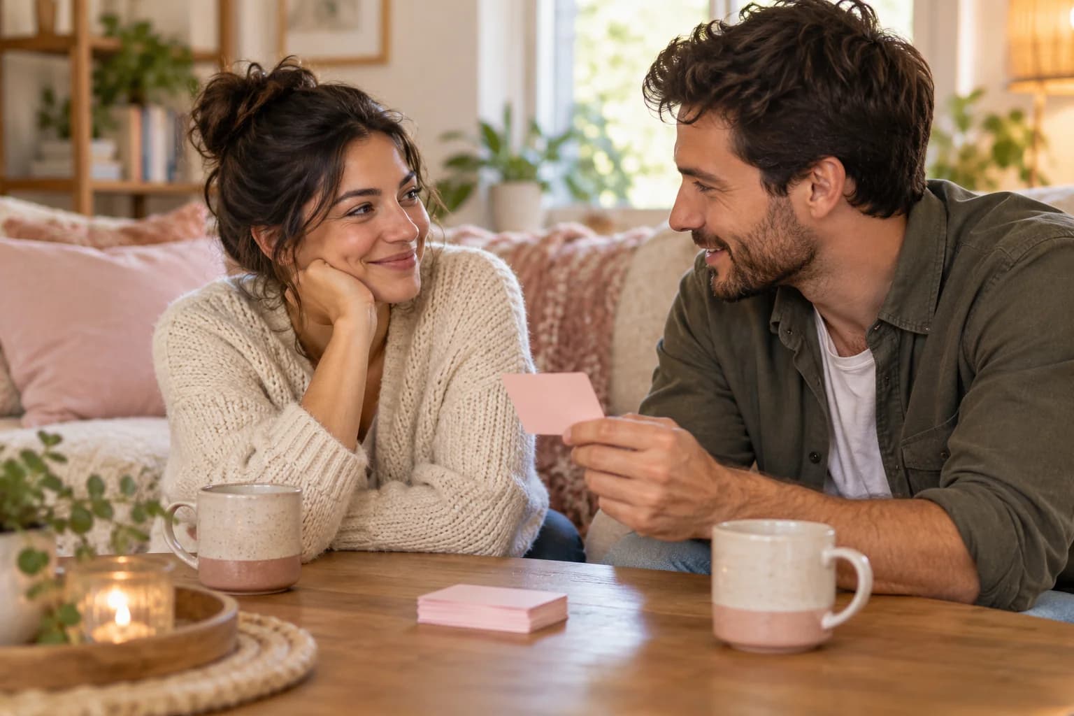 A couple sharing a conversation over a pink question card and mugs of tea