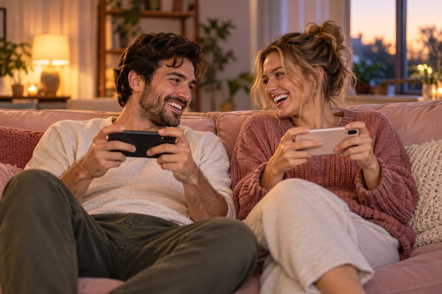 A couple laughing together while playing games on their phones on a pink sofa