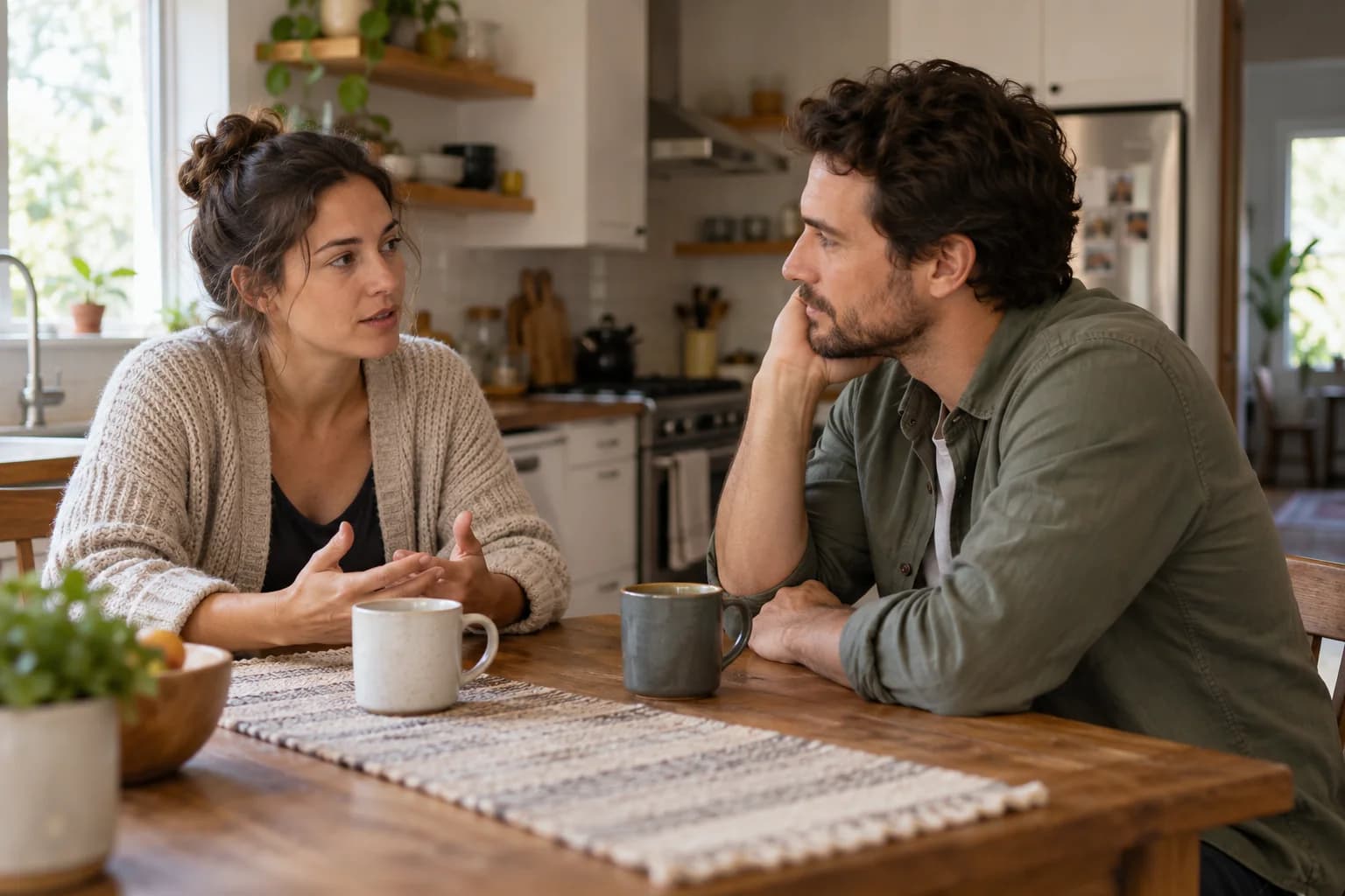 Two partners having a calm conversation at their kitchen table.