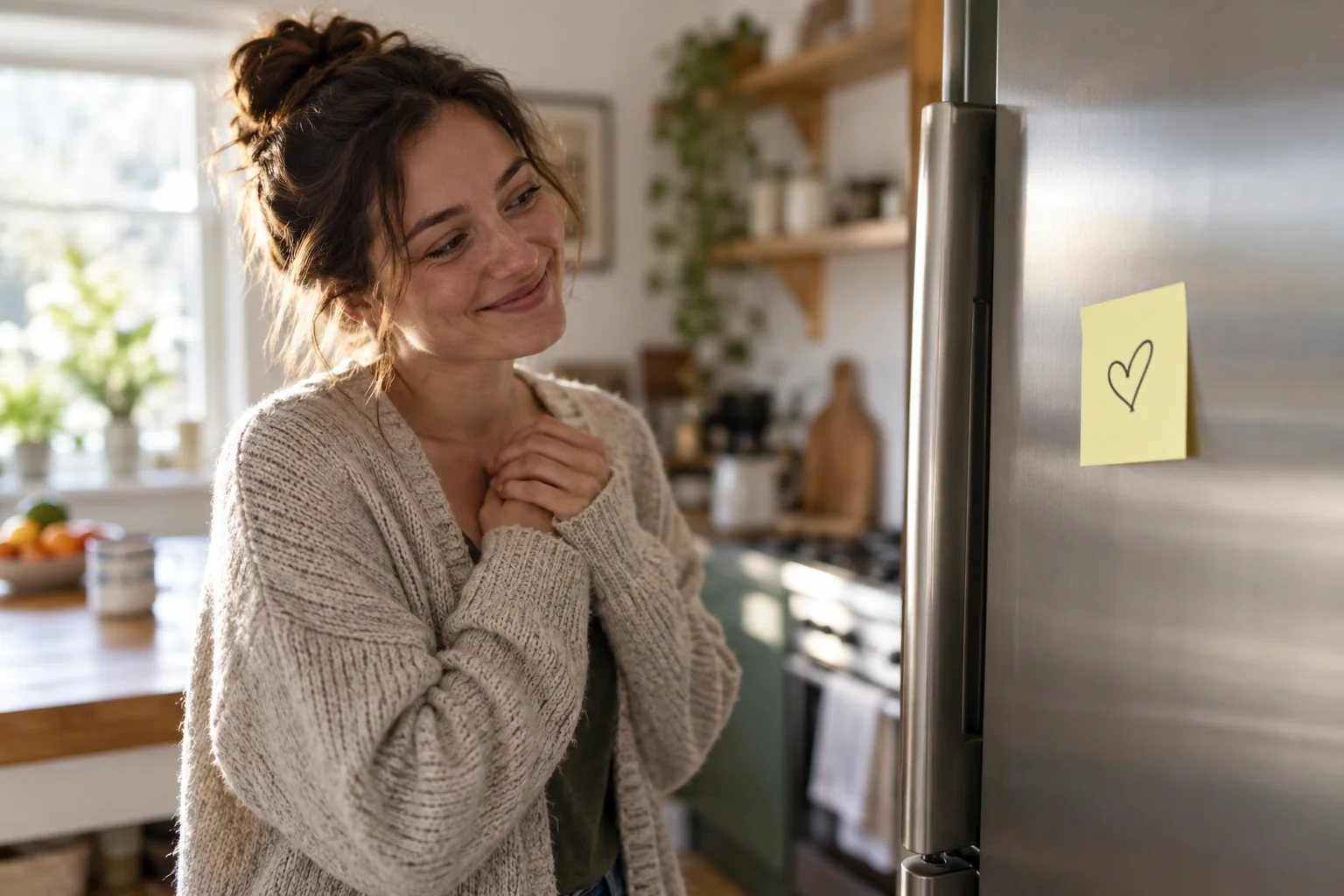 Partner finding a cute sticky note on the fridge.