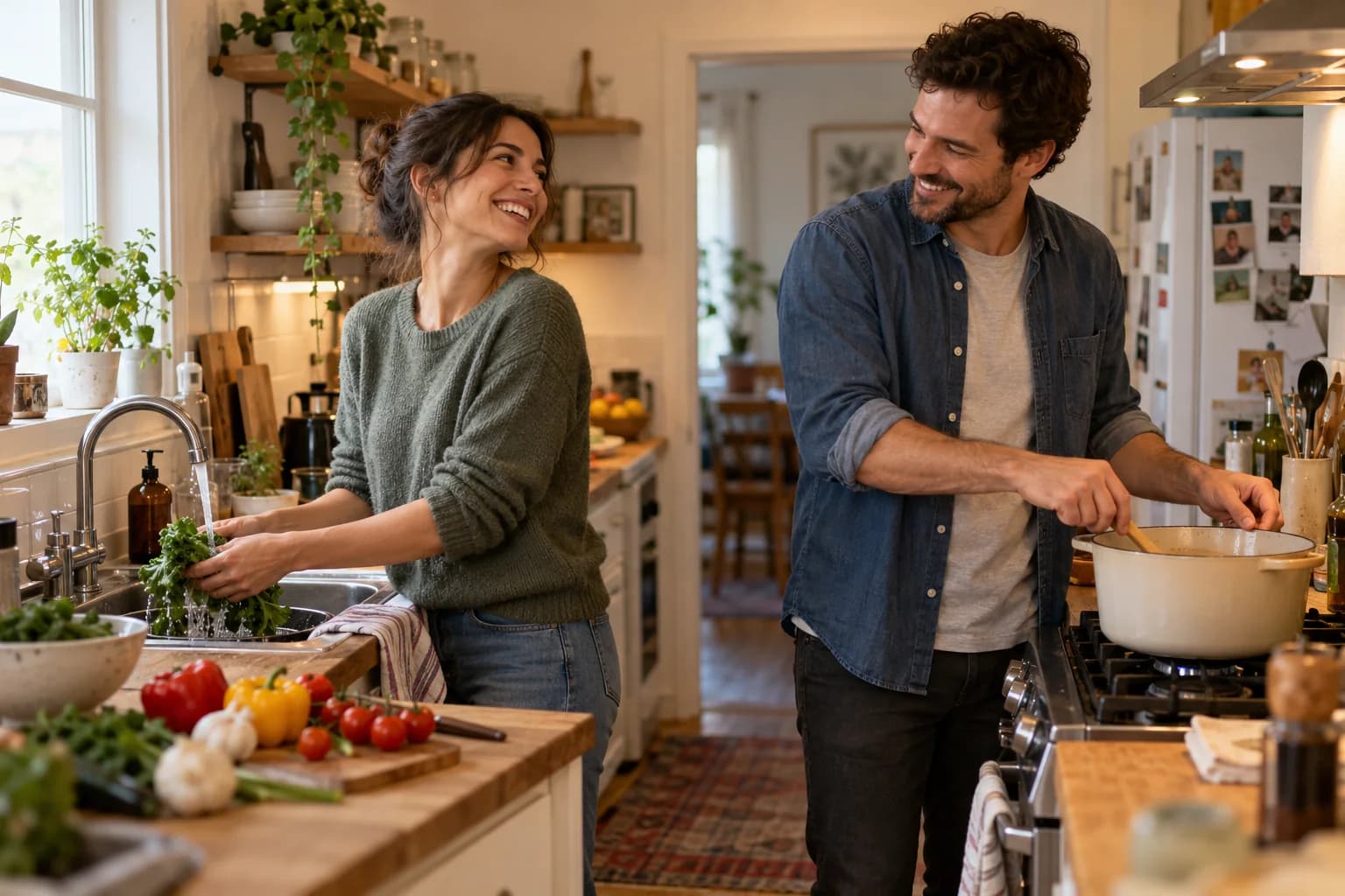 Couple laughing together while preparing dinner in a lived-in kitchen.
