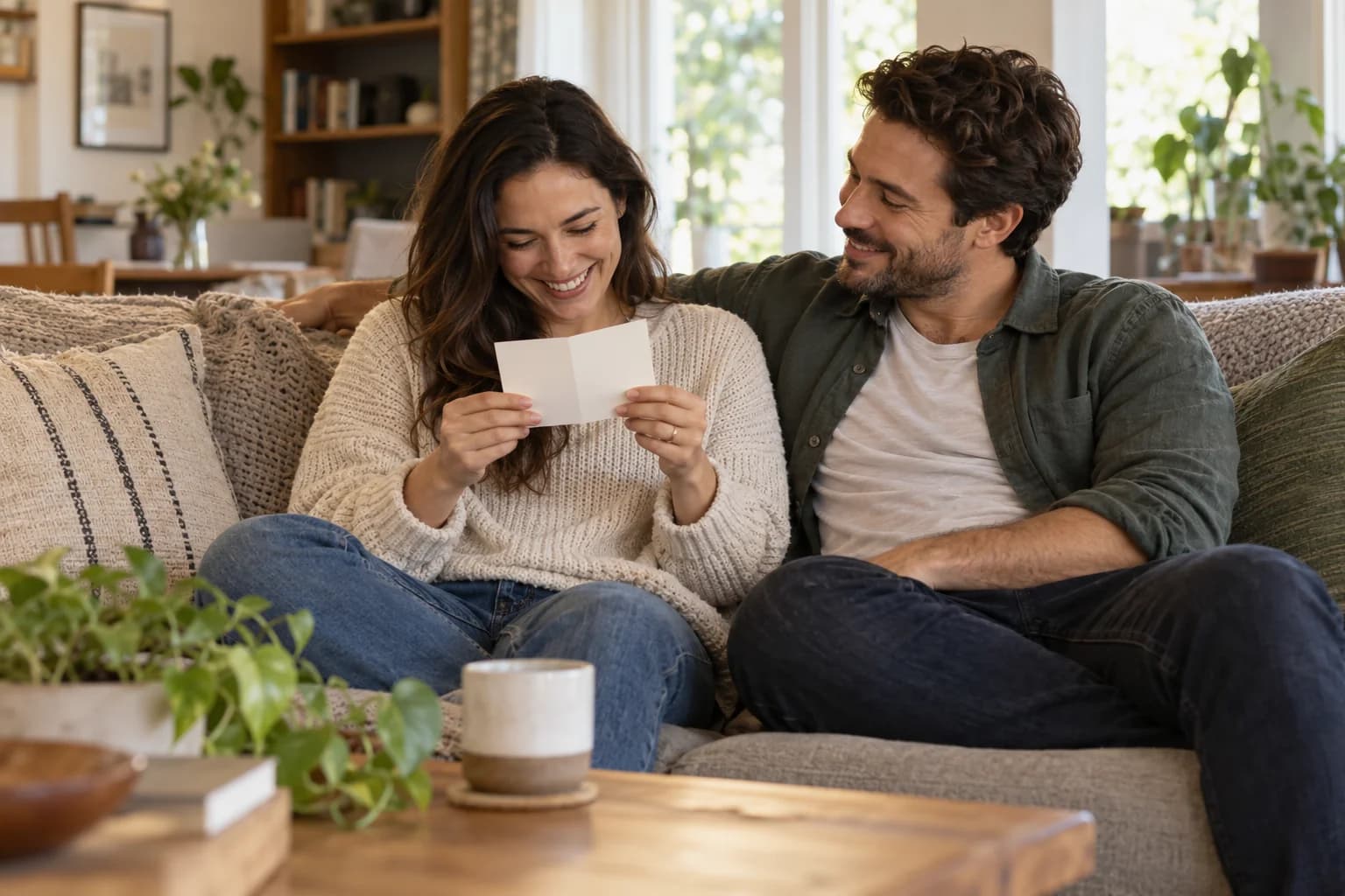 Couple sharing a handwritten note at home, an example of words of affirmation.