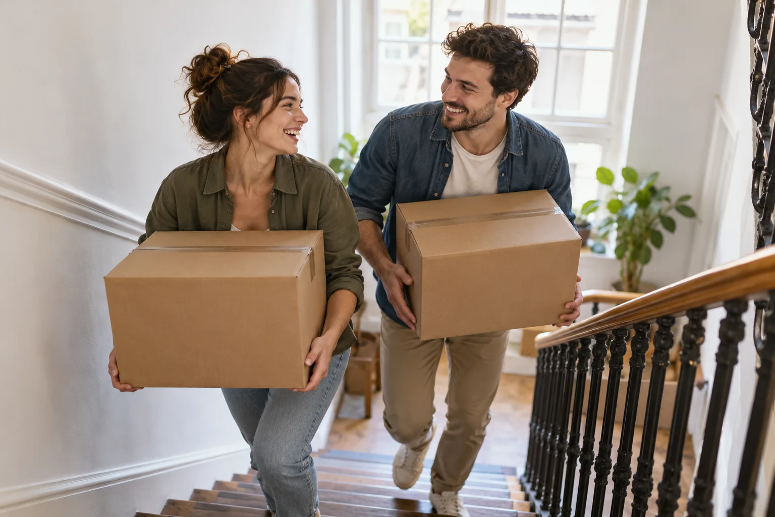 Couple carrying moving boxes into their first apartment together.